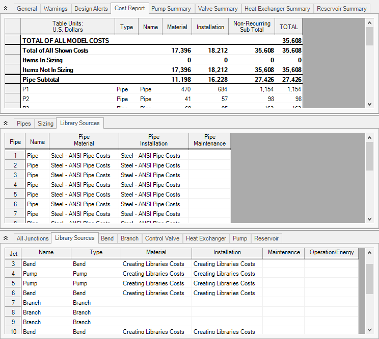 The Library Sources tab for pipes and junctions in the Output window.